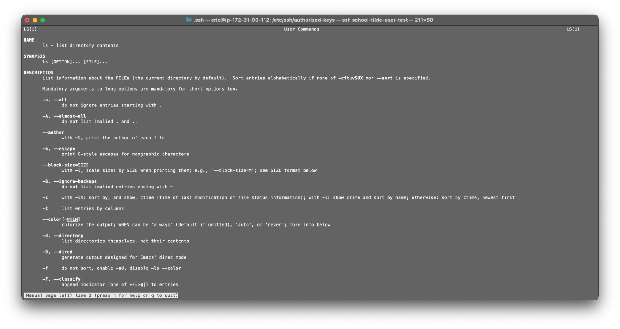 a terminal window displaying the feedback to a man ls command