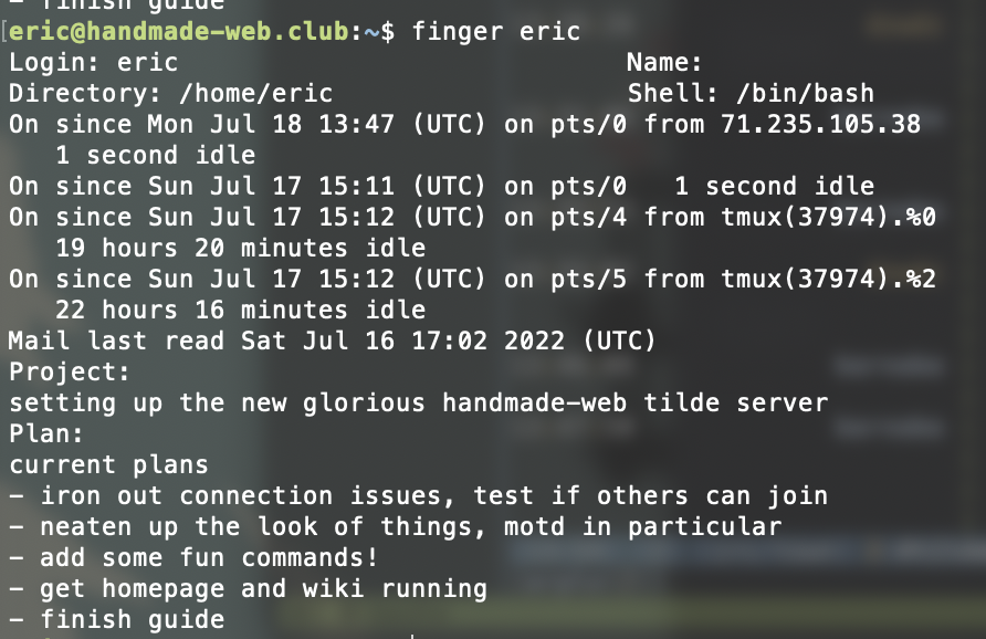 a terminal window screenshot showing the result of the command finger eric
