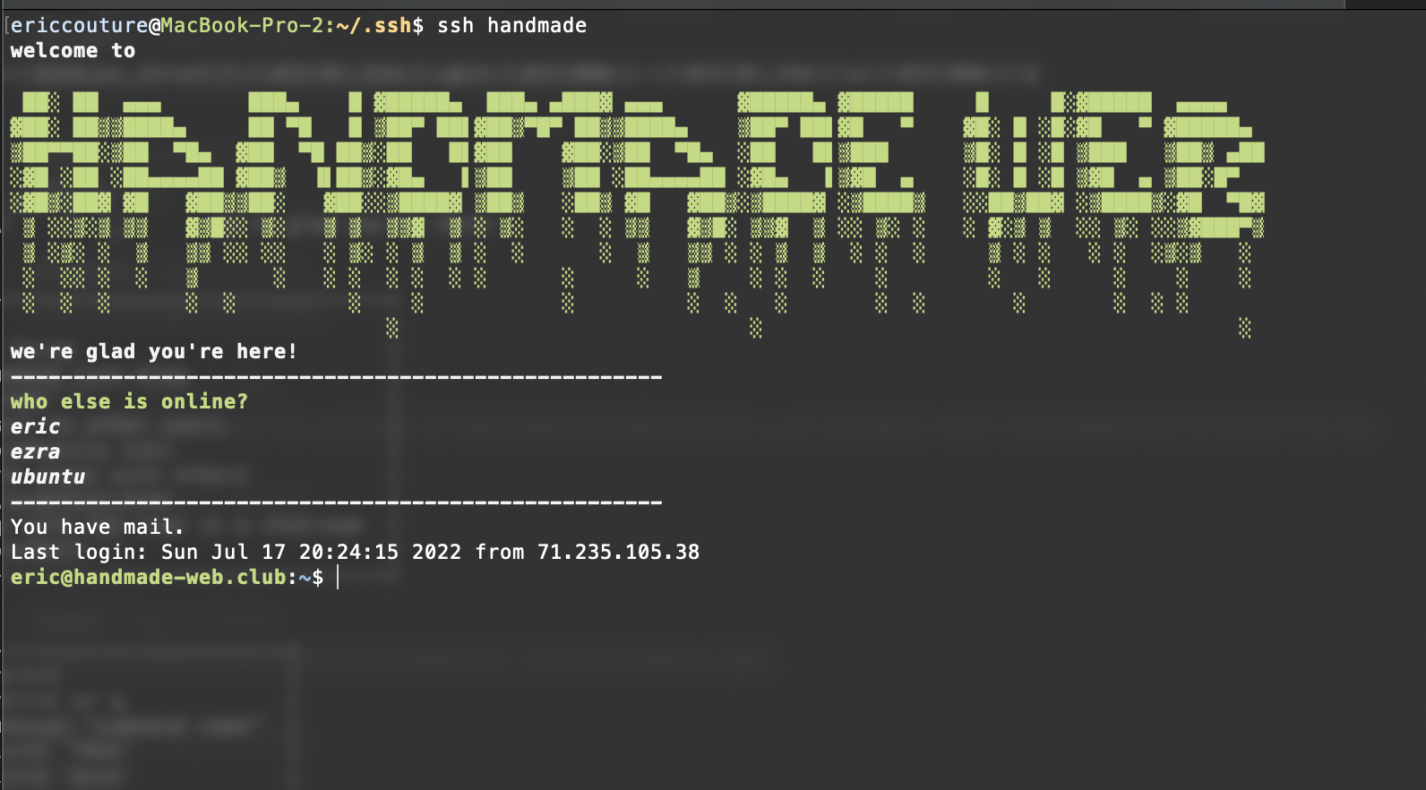 an image of a terminal welcoming you to the handmade web tilde server